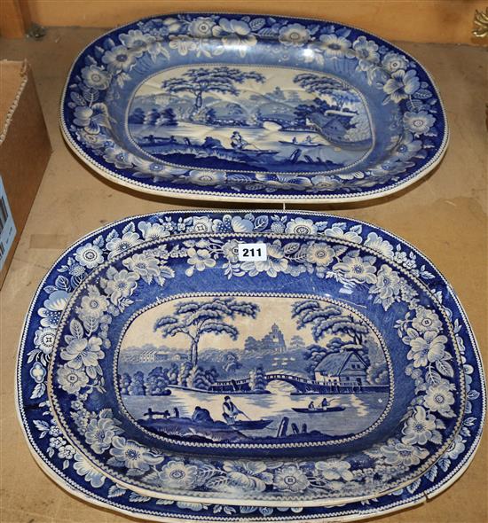 A. J. Meir Wild Rose pattern meat dish & two smaller serving dishes